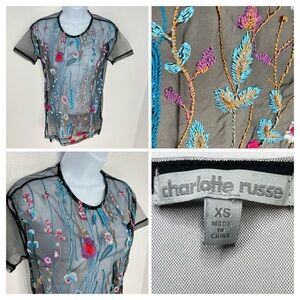 Charlotte Russe Vintage 90s Floral Embroidered Mesh Top Size‎ XS Black Y2K Fairy
